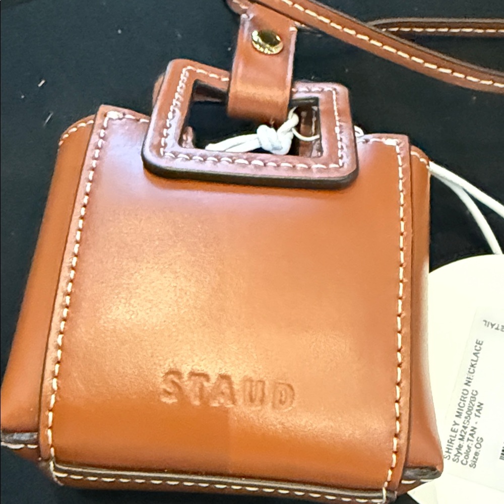 STAUD Shirley Micro Necklace Tan Leather Square Bag